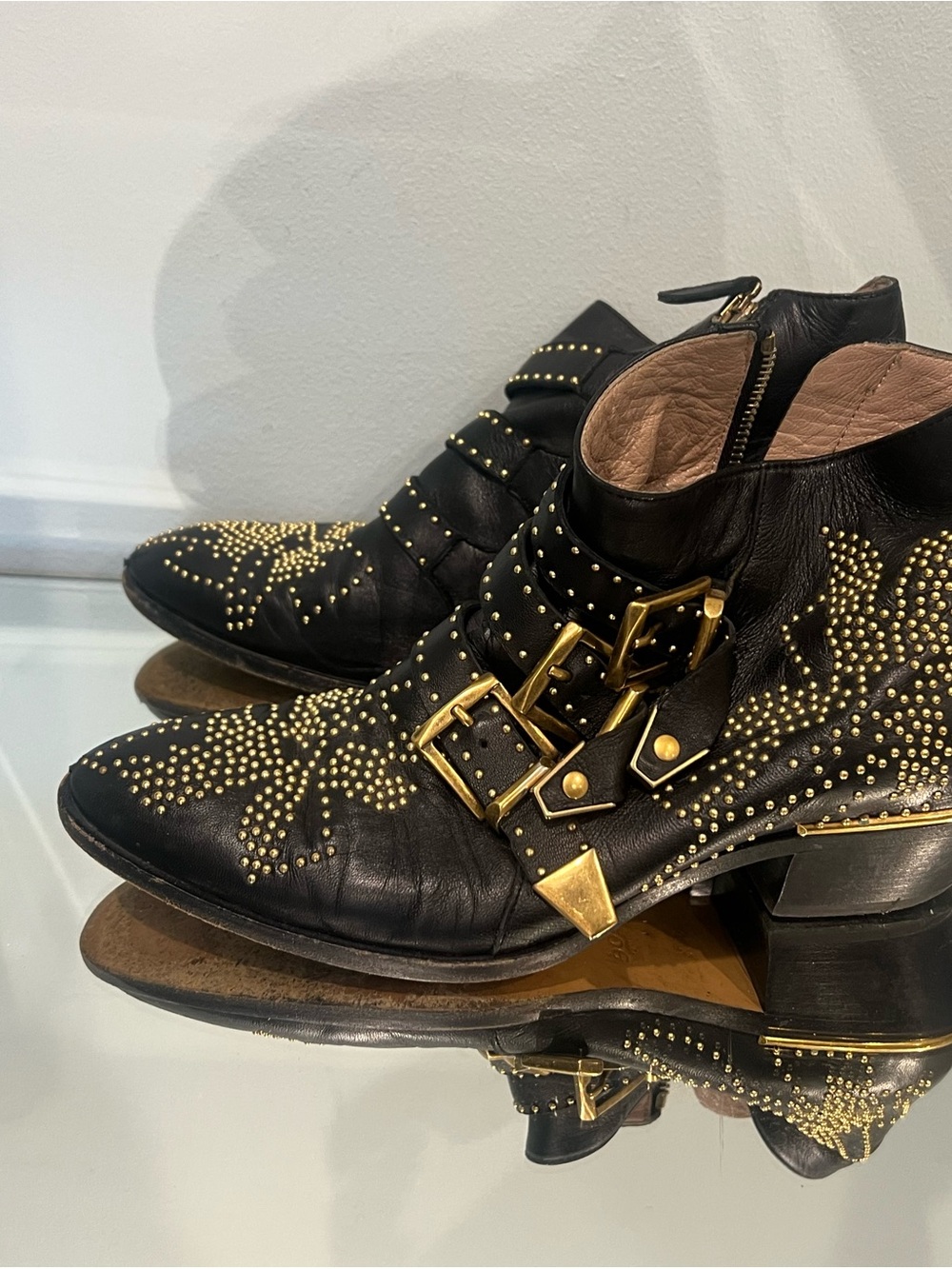 Black Leather Studded Ankle Boots with Gold Buckles